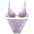 Elegant lavender lace lingerie set with sheer floral embroidery bra and matching panties. - S / Purple