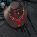 Elegante set di gioielli da sposa con fiori di cristallo rosso e gocce scintillanti - Rosso Argento (G502)