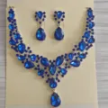 Elegante set di gioielli collana e orecchini in cristallo blu reale per sposa e nozze - Blu Zaffiro Argento (G502)