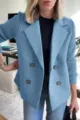 Giacca casual da donna con colletto a tailleur, corpo in lana blu e maniche in maglia a costine - Celeste