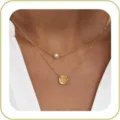 Elegant double layered 14K gold plated necklace featuring small pearl and disc pendant - Round Piece Artificial Pearl Necklace / Gold