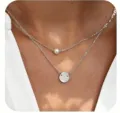 Double-layered silver necklace with white pearl and smooth round disk pendant SKU - Round Piece Artificial Pearl Necklace / Silver