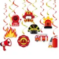 Firefighter themed birthday party hanging swirls decorations with firefighter cutouts - Swirl Decorations