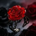 Niche design red crystal rose flower open ring with black ornate band - Hollow Scroll Rose (8853)
