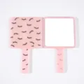 Miroir à main carré rose avec de jolis motifs de cils sur une poignée portable. - Avec Boîte de Couleur / 9*16cm-0.5cm d'épaisseur / Rose Translucide