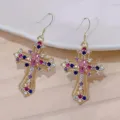 Elegante vergulde holle kruis oorbellen met kleurrijke strass steentjes voor feesten - Goud + Kleurrijk (Oorbellen)