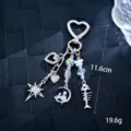 Sweet-cool silver beaded keychain with heart, star and fish bone charms, 11.6cm - Charm / Fish Bone + Heart Pendant (K2686)
