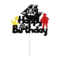 Glittery pirate theme Happy Birthday cake topper with black ship and anchor design - Large Cake Topper J-0239-4