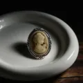 Close-up macro view of vintage cameo brooch featuring elegant female profile relief - Cameo Portrait Style (Z744)