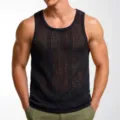 Detailed macro view of men's black sleeveless mesh knit tank top with deep U-neck design - 3XL / Tops / Black