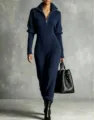 Stylish navy blue ribbed knit long sleeve jumpsuit with front zipper detail for women - S / Jumpsuits / Dark Blue