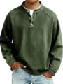 Camiseta Henley de manga larga para hombre en algodón verde oliva lavado vintage americano - Verde oscuro