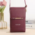 Bourgondische kunstlederen verticale crossbody telefoontas met verstelbare riem - Stijl H017 (Met Metalen Balk) / Bordeauxrood