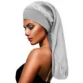 Hochwertige silberne lange Satin-Schlafmütze mit breitem elastischem Band für Haarschutz - Verstellbar / Grau