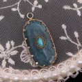 Eleganter ovaler Anhänger aus grünem Aventurin mit Türkis-Inlay für DIY-Halskettenschmuck - 16x36mm, 4g / Blauer Aventurin