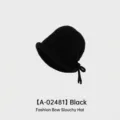 Stylish black knitted slouchy beanie hat with cute bow tie detail and rolled brim - One Size (54-58CM) / Drawstring Thick Version / Black