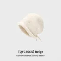 Elegant beige knitted slouchy beanie hat featuring a delicate bow detail for winter warmth - One Size (54-58CM) / Drawstring Thick Version / Beige