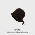 Chic coffee brown women's knit beanie featuring a rolled edge and cute bow tie. - One Size (54-58CM) / Drawstring Thick Version / Brown