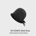 Elegant dark grey knitted slouchy hat for women with rolled brim and bow detail - One Size (54-58CM) / Drawstring Thick Version / Dark Gray