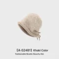 Elegant khaki winter knitted slouchy beanie featuring a roll edge and bow detail - One Size (54-58CM) / Drawstring Thick Version / Khaki