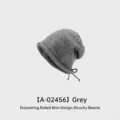 Stylish grey knitted slouchy beanie hat featuring a drawstring rolled edge design - One Size (54-58CM) / Drawstring Regular Version / Gray