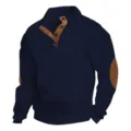 Pull en maille torsadée bleu marine pour homme avec col montant et coudières marron - Bleu marine