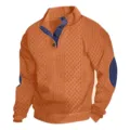 Pull en tricot orange pour hommes avec coudières bleues et col montant boutonné - Couleur caramel