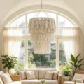 Großer handgefertigter Boho-Makramee-Lampenschirm mit eleganten Quasten in Cremeweiß - z545 Klein