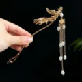 Elegant vintage Chinese phoenix hair stick with golden finish and long pearl tassels - Golden Phoenix Long Tassel Artificial Pearl Style (2619)