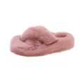 Cozy pink faux fur cross-band slippers for women featuring soft plush thick soles - Pink