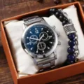 Professional men's chronograph quartz watch and beaded bracelet 2-piece gift set - Silver Band Blue Dial