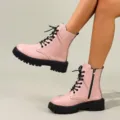 Bottines à plateforme roses pour femmes avec lacets noirs et fermeture éclair latérale - Rose