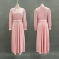 Elegant pink velvet maxi dress with bubble sleeves and rhinestone belt detail - S / Lotus Pink