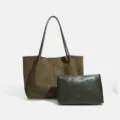 Σετ vintage τσάντα tote από λαδί σουέντ με μεγάλη χωρητικότητα και εσωτερικό τσαντάκι - Πράσινο