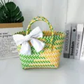 Colorful handmade woven basket handbag with a large white bow for gift packing - Small (With White Bow) / Yellow-Green
