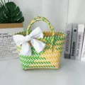Handmade colorful woven basket handbag with a large white bow decoration for gifts - Medium (With White Bow) / Yellow-Green