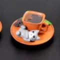 Miniature grey cat figurine with an orange coffee cup set for DIY micro-landscape decor - No. 2 Brown Cup Cat