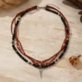 Vintage men's multi-layer leather necklace with black onyx beads and triangle pendant - Triple-layer Triangle Pendant Style (ZJ17234)