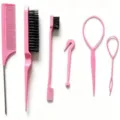 Kit de coiffure rose complet de 6 pièces avec peigne à queue et outils de tresse topsy tail - Ensemble 6 Pièces Rose