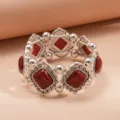 Vintage geometric red acrylic elastic bracelet with antique silver finish - Red