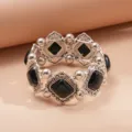 Vintage ethnic style elastic bracelet with geometric black acrylic diamond stones - Black