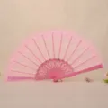 Elegante abanico plegable de encaje rosa con marco floral para danza y cosplay. - Abanico de encaje rosa - Sin borla
