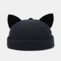 Süße schwarze Baumwoll-Docker-Mütze mit 3D-Katzenohren im minimalistischen Japan-Stil - Verstellbar / Dunkelgrau mit schwarzen Katzenohren