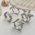 Silberne offene Ringe mit Seestern- und Muschelmuster für den Sommerurlaub am Meer am Strand - Seestern Muschel Offener Ring Set (5923) / 4-teiliges Set / Silber