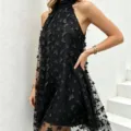 Elegant black halter mini dress with 3D butterfly appliqués in A-line silhouette - S / Top And Bottom / Black