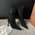 Elegant black slouchy ankle boots with pointed toe, stiletto heel, and metal buckles - 34 / Black 8cm (Single Lining)