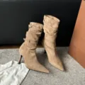 Elegant maple brown pointed toe slouchy boots with buckle straps and stiletto heels. - 35 / Khaki 8cm (Single Lining)