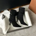 Elegant black pointed-toe stiletto ankle boots with buckle and slouchy pleated design. - 34 / Black 8cm (Fleece Lining)