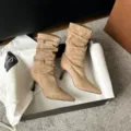 Chic maple brown pointed-toe slouchy ankle boots with stylish buckle detail for women - 34 / Khaki 8cm (Fleece Lined)