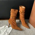 Elegant maple brown pointed toe stiletto boots with buckle and slouchy pleated design - 34 / Brown 8cm (Single Lining)